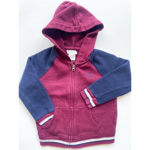 Toddler Boy's Ralph Lauren Maroon and Navy Zip Up Hooded Sweatshirt Size 24 Mo. - Picture 1 of 4